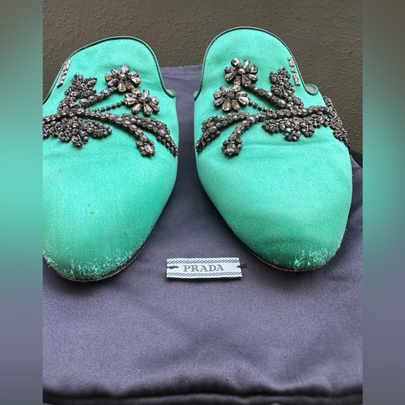 Prada Satin Green Slides Loafers Mules with crystals sz 39 US 9 - Picture 9 of 14